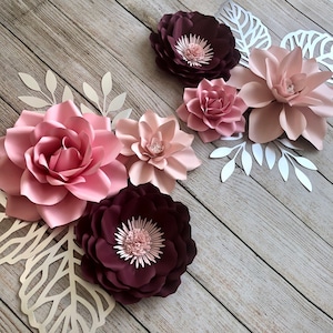 Pink and Burgundy Paper Flowers Backdrop - 6 piece set - Pink Fall Flowers with Silver Leaves - Pink and Burgundy Nursery Flowers Backdrop