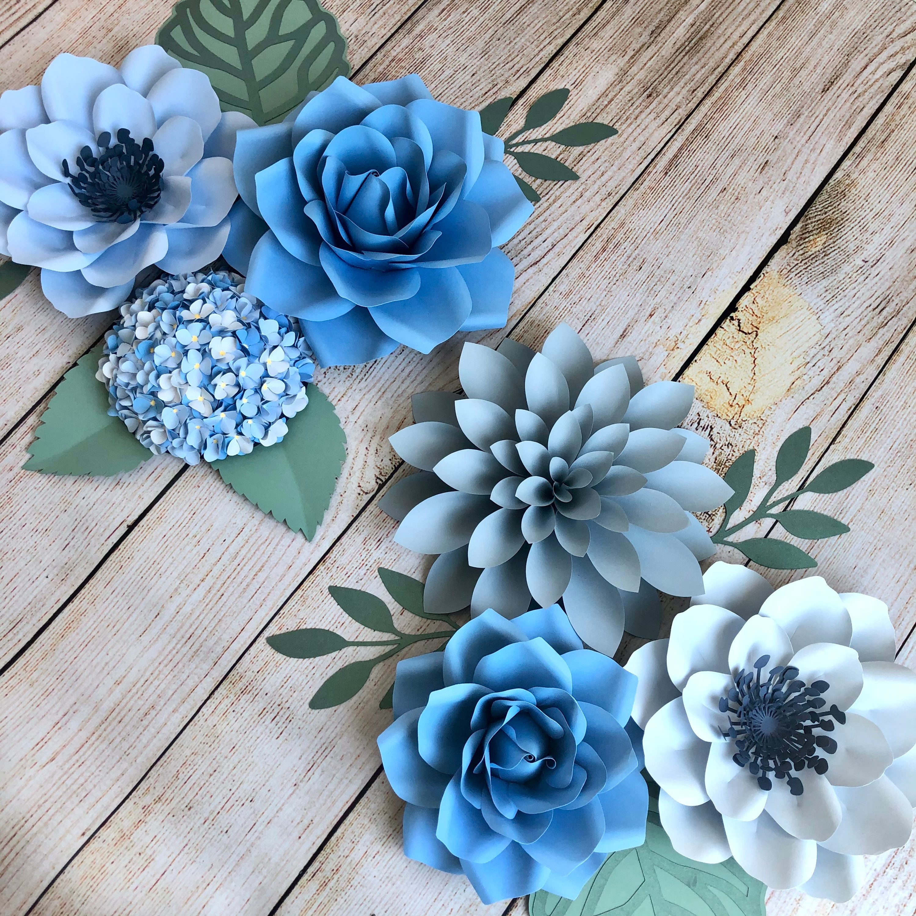 Boho Paper Flowers Blue Tones Wall Decor 6 piece set Boho Etsy