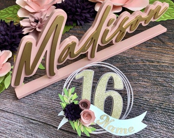 Sweet 16 Candle Ceremony Decoration Set - Sweet Sixteen Flowers Cake Topper and Name Sign Kit - Quinceanera Party Decorations - Shower Decor