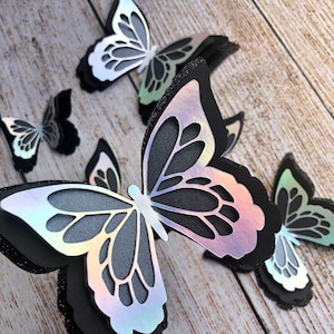 3D Black Gray Iridescent Halloween Butterflies - set of 6 / Sparkly Butterflies Wall Decor / 3D Paper Butterflies Table Decoration