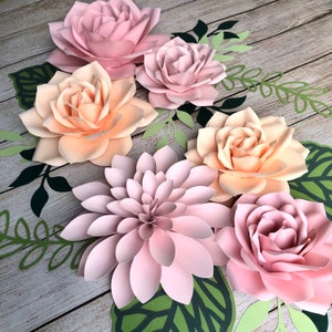 Blush Pink Peach Large Paper Flowers Wall Decor - 6 piece set - Boho Nursery Roses with Leaves - Paper Flowers Nursery Wall Decor Backdrop