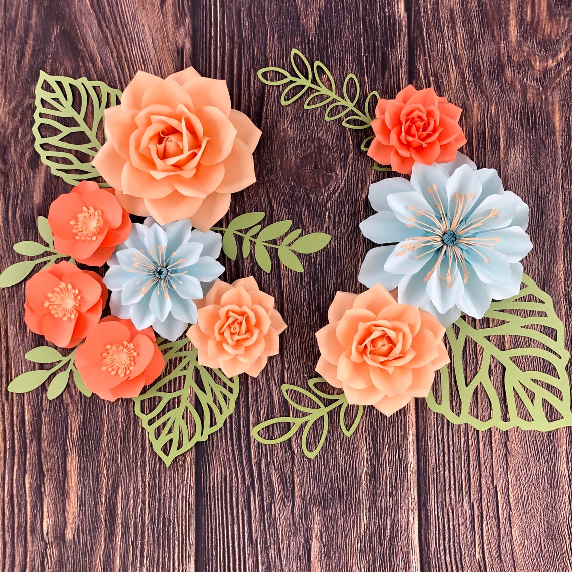 Paper Flowers Wall Decor 9 piece set Peach Coral and Aqua Etsy