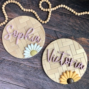 Custom Sunflower Daisy Nursery Baby Name Wood Sign - Boho Flower Nursery Sign - Herringbone Round Nursery Decor - Girls Room Decor - Twins