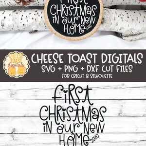 May include: Black and white digital design for a Christmas ornament that says "First Christmas in our New Home 2020". The design is on a wood background with a pine cone and red berries.