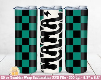 Mama Tumbler Wrap PNG, Mom 20 oz Skinny Tumbler Wraps, Retro Checkered Designs for Sublimation, Straight Wrap, Tumbler PNG