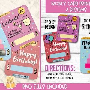 Printable Birthday Card, Money Card, Happy Birthday Design, Gift Card Holder, Print-Then-Cut, Birthday Gift PNG File, Coffee Card, Wine