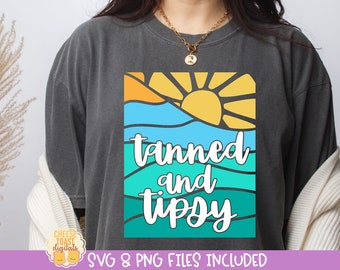 Tanned and Tipsy SVG, Summer Vacation Shirt, Beach Landscape Design, Retro Summer PNG, Girls Trip Cut Files, Cricut, Silhouette
