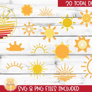 Sun SVG, Sunshine Cut Files, Summer PNG, Sunset Clipart Bundle, Cricut and Silhouette Designs