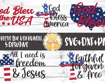 May include: A digital download bundle of five patriotic designs featuring the American flag and text such as "God Bless the USA" and "All I need is freedom & Jesus".