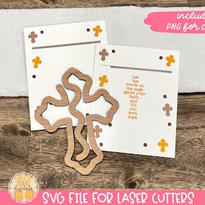May include: SVG file for laser cutters featuring a cross design with the text "Let the words on the page ignite your faith and fill you with hope."  The design includes a cross with a decorative border and small crosses in the background.