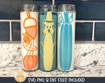 May include: Three glass candle jars with fall-themed designs. The candle jars are decorated with an acorn, a pilgrim hat, and a pumpkin. The text "SVG PNG & DXF FILES INCLUDED" is at the bottom of the image.