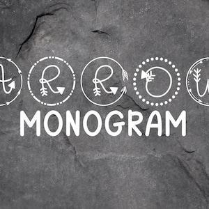 May include: Five white circles with different arrow designs and letters A, R, R, O, and W inside each circle. The text "MONOGAM" is below the circles.