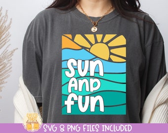 Sun and Fun SVG, Summer Vacation Shirt, Beach Landscape Design, Retro Summer PNG, Girls Trip Cut Files, Cricut, Silhouette