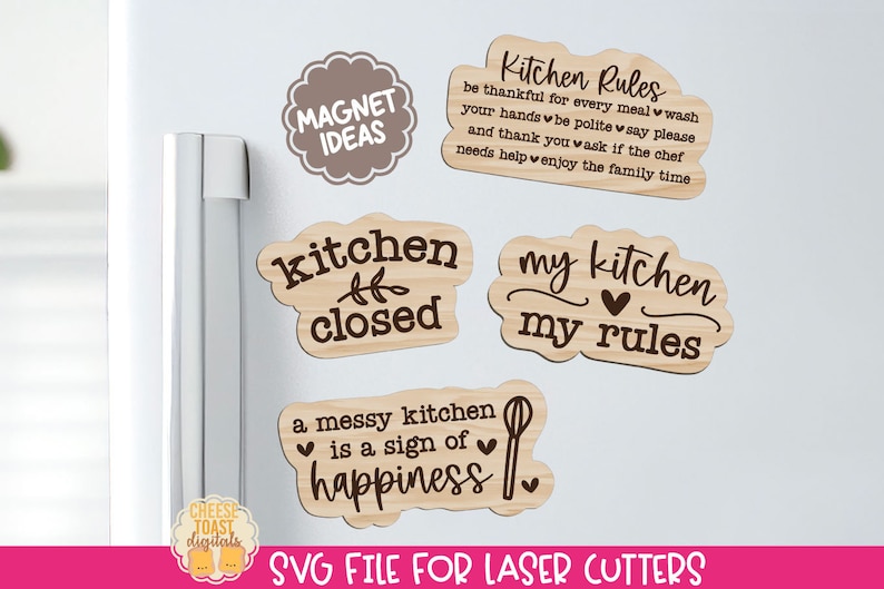 May include: Five wooden signs with kitchen-themed sayings. The signs are in a light wood color with brown text. The signs read: "Kitchen Rules", "Kitchen Closed", "My Kitchen My Rules", "A Messy Kitchen Is A Sign Of Happiness", and "Magnet Ideas".