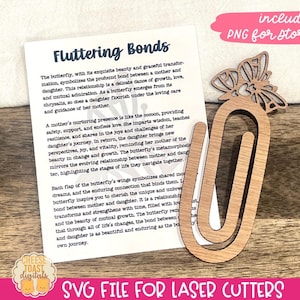 Fladderende obligaties - verhaalkaart bladwijzer SVG, grote paperclip Svg, paperclip bladwijzer SVG, vlinder bladwijzer laserbestanden, cadeau voor dochter