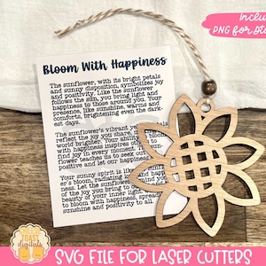 Bloom With Happiness - Story-Karte Ornament SVG, Geschenk für Freude und Positivität, Autoanhänger, Sonnenblume Laser Ornament, inspirierende Story-Karte SVG
