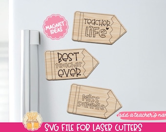 May include: Three wooden pencil-shaped magnets with teacher-themed text. The magnets read "Teacher Life", "Best Teacher Ever", and "Miss Sammie". The text is in brown and the magnets are a light wood color. The magnets are on a white refrigerator.