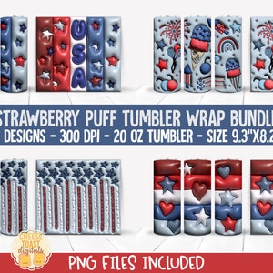 Patriotic 3d Puff Tumbler Wrap PNG Bundle, 4th of July Puffy 20 oz Skinny Tumbler Straight Wraps, USA Inflated Bubble Sublimation Designs