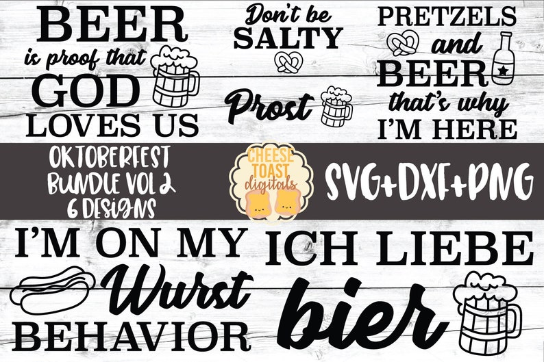 Pu&ograve; includere: Un set di sei design digitali in bianco e nero per l'Oktoberfest. I design presentano boccali di birra, pretzel e testo come "La birra &egrave; la prova che Dio ci ama", "Non essere salato, Prost", "Pretzel e birra, ecco perch&eacute; sono qui", "Sono nel mio peggiore comportamento" e "Amo la birra".
