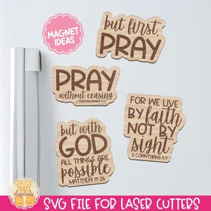 May include: Four wooden signs with inspirational quotes about faith and prayer. The signs are brown with white lettering. The quotes are "But first pray", "Pray without ceasing", "But with God all things are possible", and "For we live by faith not by sight".