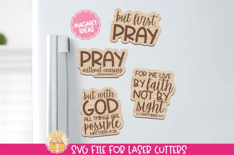 May include: Four wooden signs with inspirational quotes about faith and prayer. The signs are brown with white lettering. The quotes are "But first pray", "Pray without ceasing", "But with God all things are possible", and "For we live by faith not by sight".