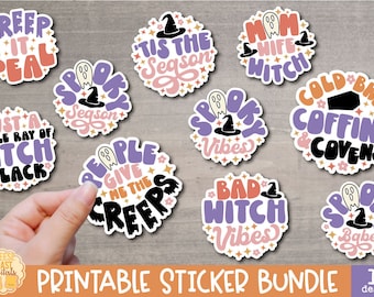 Retro Halloween Stickers Bundle, 10 Spooky Printable PNG Files, Funny Halloween Quotes, Packaging Stickers, Print and Cut, Cricut Silhouette