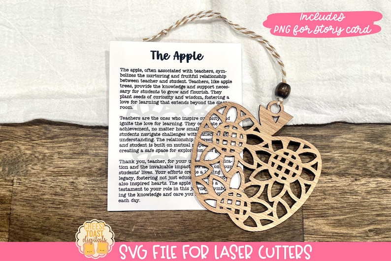 Peut inclure: Une d&eacute;coupe de pomme en bois avec un motif d&eacute;coratif, une carte blanche avec le texte "The Apple" et une citation sur les enseignants, ainsi que le texte "SVG File for Laser Cutters".