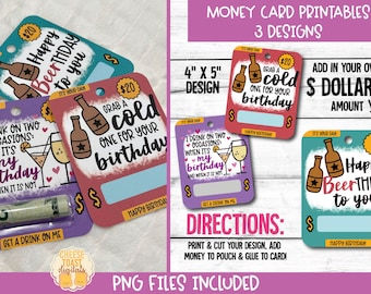 Tarjeta de cumpleaños imprimible, tarjeta de dinero, diseño de cerveza de feliz cumpleaños, soporte de tarjeta de regalo, impresión y luego corte, archivo PNG de regalo de cumpleaños
