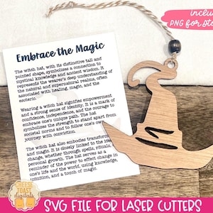 Abraza la magia: adorno de tarjeta de historia SVG, regalo para la confianza, amuleto para automóvil, sombrero de bruja SVG láser, adorno de Halloween SVG láser