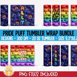 Gay Pride 3d Puff Tumbler Wrap PNG Bundle, LGBTQ+ Puffy 20 oz Skinny Tumbler Wraps, Inflated Bubble Designs for Sublimation, Straight Wrap