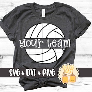 May include: A gray t-shirt with a white volleyball graphic and the text "your team". The shirt is available in SVG, DXF, and PNG formats.
