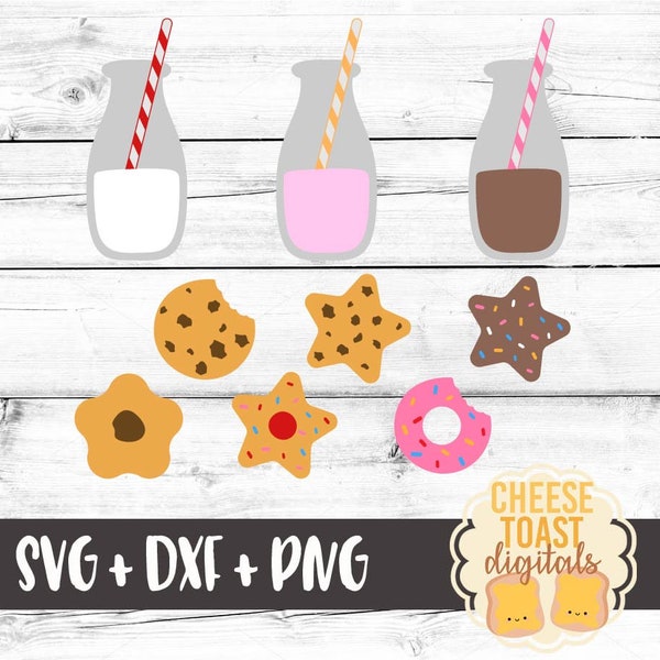 Milk and Cookies SVG PNG DXF Cut Files, Milk Glass, Chocolate Chip Cookie, Chocolate Milk, Strawberry, Svg Files for Cricut, Silhouette