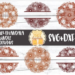 May include: A set of six pumpkin mandala designs for crafting. The designs feature pumpkins, sunflowers, leaves, and other autumnal elements. The text "Pumpkin Mandala Bundle 6 Designs" and "SVG+DXF+PNG" is included in the image.