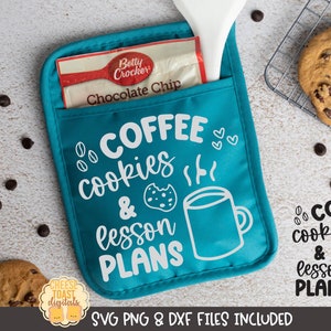 May include: A turquoise blue oven mitt with the text "Coffee cookies & lesson plans" in white. The mitt has a pocket on the front with a Betty Crocker chocolate chip baking mix packet inside. The text "Coffee cookies & lesson plans" is also shown in black on a white background.