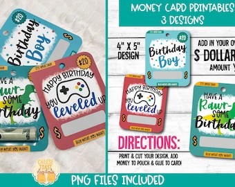 Tarjeta de cumpleaños de niño imprimible, tarjeta de dinero, diseño de feliz cumpleaños, soporte de tarjeta de regalo, impresión y luego corte, archivo PNG de regalo de cumpleaños, tarjeta de dinosaurio