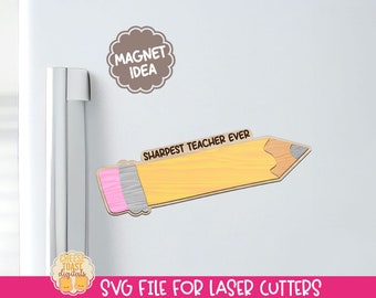 May include: A yellow pencil-shaped magnet with the text "Sharpest Teacher Ever" and a brown, cloud-shaped magnet that says "Magnet Idea" are attached to a white refrigerator. The pencil has a pink eraser and a gray tip.