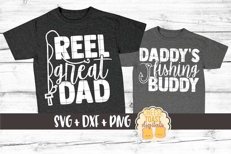 May include: Two gray t-shirts with white text. The larger shirt says "Reel Great Dad" with a fishing hook and line graphic. The smaller shirt says "Daddy's Fishing Buddy".