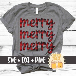May include: A gray t-shirt with the words "merry merry merry" in red and black buffalo plaid print. The words are stacked on top of each other. The shirt is tied in a knot at the bottom. The text "SVG + DXF + PNG" is at the bottom of the image. A small logo with the text "CHEESE TOAST digitals" is in the bottom right corner.