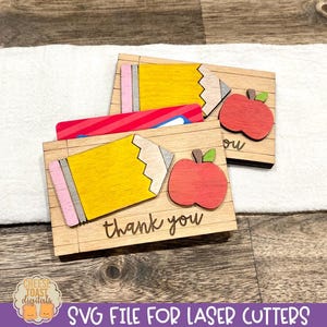 Porta-cartão-presente para professor SVG, arquivo laser para cartão-presente, SVG para professor a laser, presentes de agradecimento para professores, designs de laser para escola, lápis e maçã