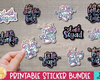 Lake Stickers, 12 Tie Dye Printable PNG Files, Digital Download, Funny Lake Weekend Quotes and Sayings, Print and Cut Cricut Silhouette