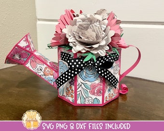 Paper Watering Can SVG Cut File, Paper Flowers, Bouquet Gift, Paper Flower Vase SVG, Mother's Day Flower Bouquet Box, Cricut, Silhouette