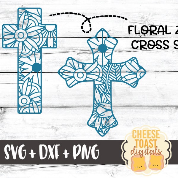 Floral Zen Cross Set of 2, Christian Cross SVG PNG DXF Cut Files, Religious Shirt, Floral, Zentangle Inspired, Mandala, Cricut, Silhouette