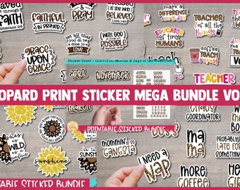 Leopard Print Sticker Mega Bundle, Christian Stickers, Sunflowers, Teacher, Printable PNG Files, Mom, Print and Cut Cricut Silhouette