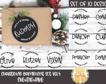 Christmas Ornament Wood Round SVG Set of 10 Vol 5, Christmas Ornament SVG, Reindeer Names, Wood Round, Laurels, Cricut, Silhouette