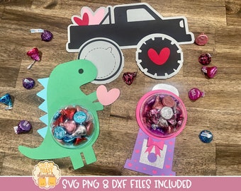 Paquete SVG de cúpula de caramelo del Día de San Valentín, soporte de caramelo para camión SVG, favor de fiesta de dinosaurios, regalo de San Valentín de máquina de bolas de goma, cricut, silueta