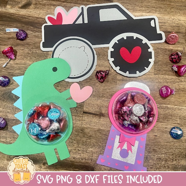 Valentine's Day Candy Dome SVG Bundle, Truck Candy Holder SVG, Dinosaur Party Favor, Gum Ball Machine Valentine Gift, Cricut, Silhouette