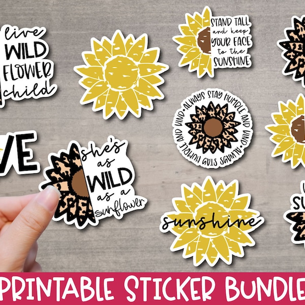 Sunflower Stickers, 10 Leopard Print Printable PNG Files, Digital Download, Motivational Quotes and Sayings, Print and Cut Cricut Silhouette