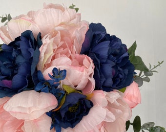 Blush Pink & Navy Toned Bridal Bouquet | Wedding Bouquet | Desi Wedding | Indian Wedding | Silk Wedding Bouquet | Peony Bouquet