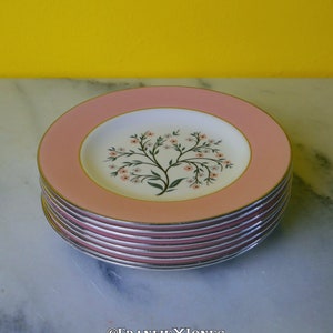 May include: A stack of eight pink and white floral patterned dessert plates with gold trim.