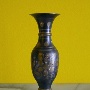 70's Solid Brass Etched Floral Vase |  8 1/8" T | Made in India